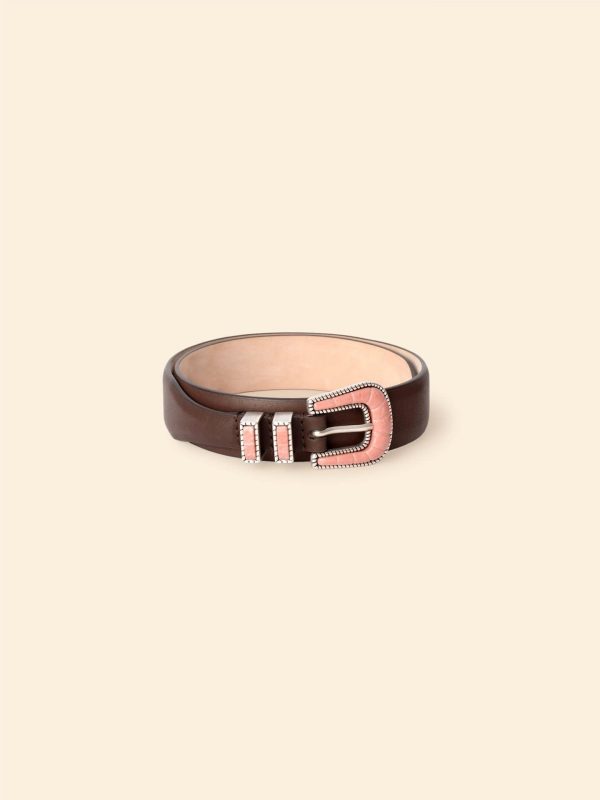 Silver Ostrich Brown Vintage Pink Coral Belt
