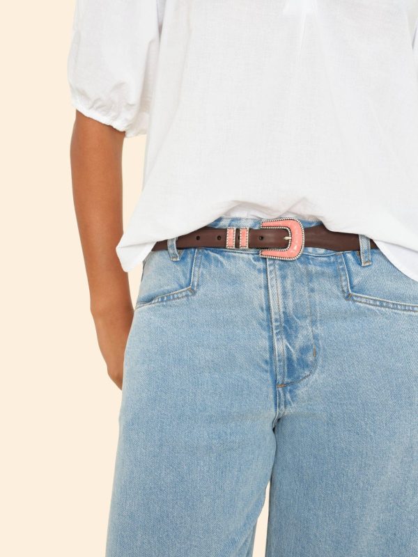 Silver Ostrich Brown Vintage Pink Coral Belt - Image 2